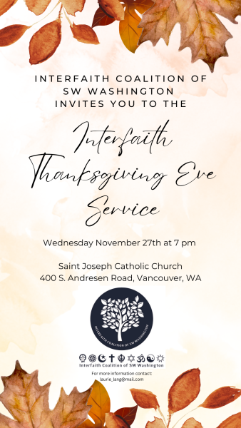 Interfaith Thanksgiving Eve service November 27 at 7pm at St. Joseph